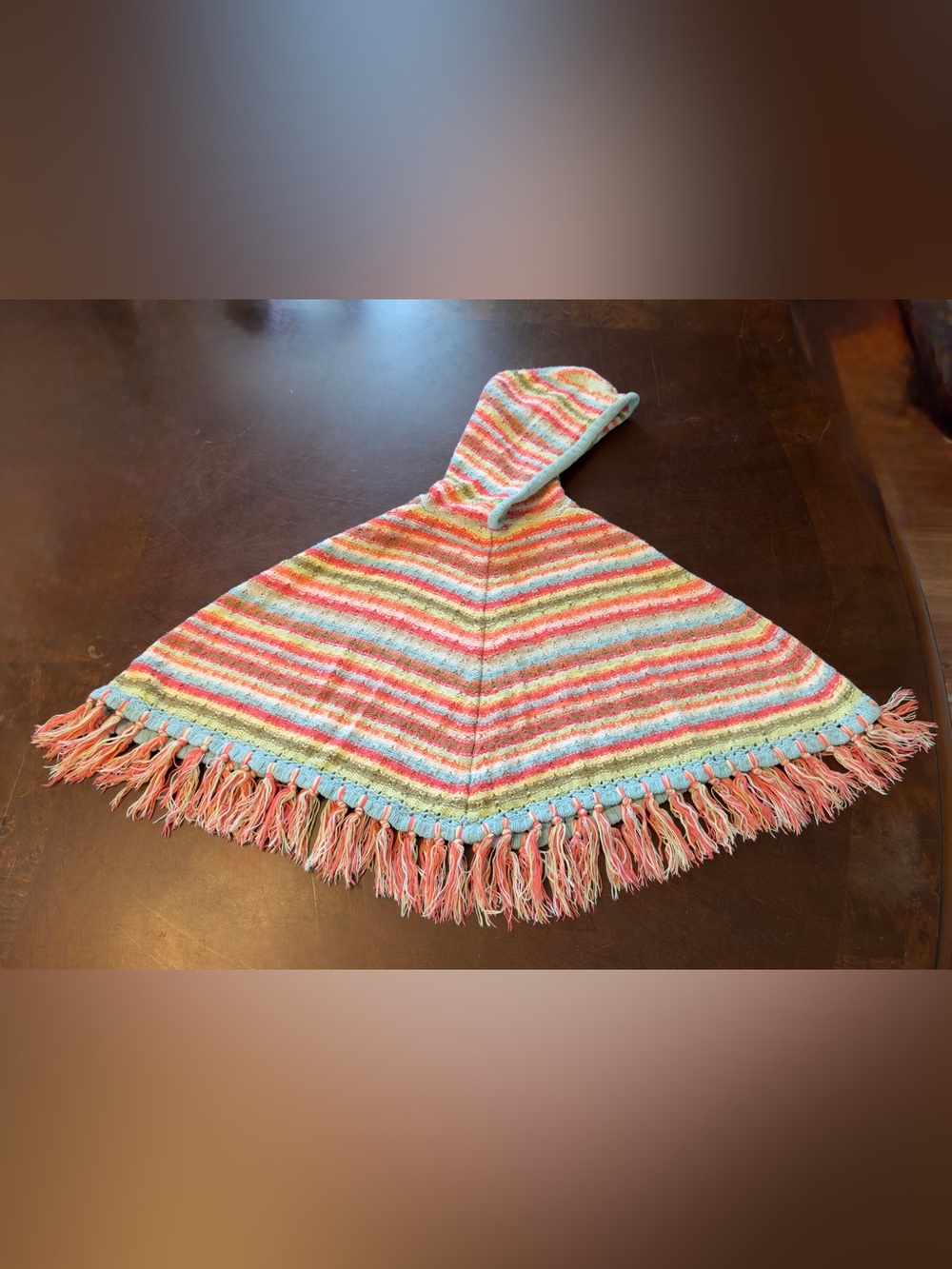 Gap Kids Girls Striped Knit Hooded Poncho Shawl Cape Small S 5-6  Coral Aqua